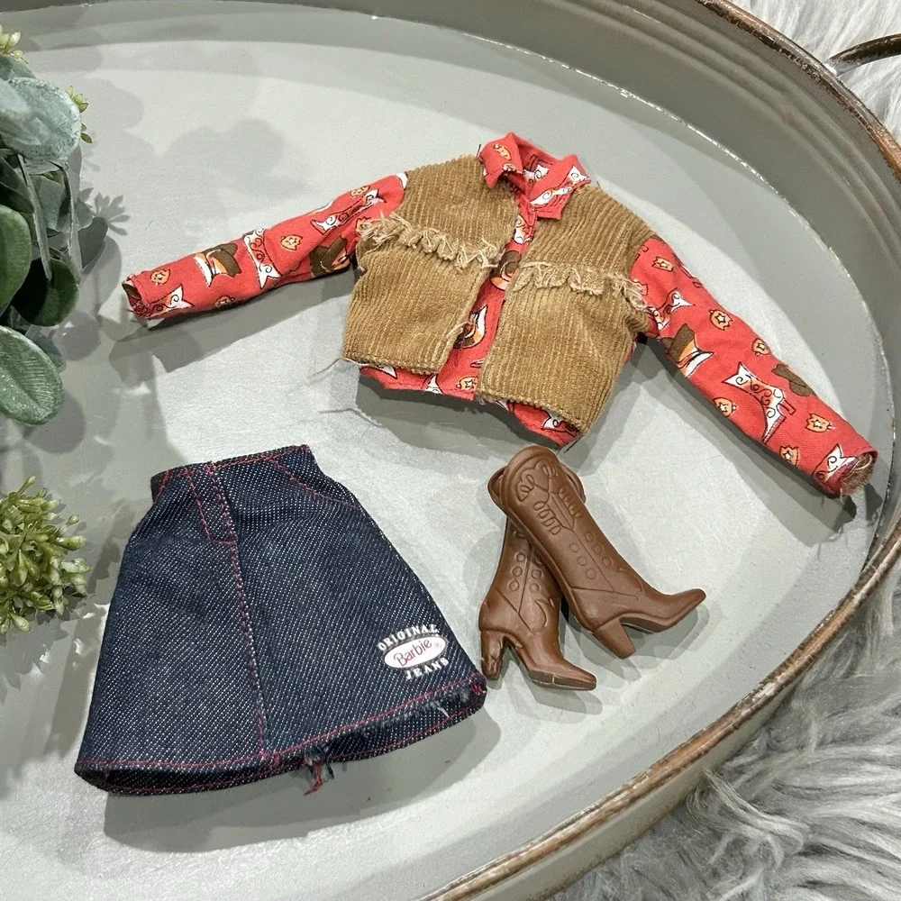 1999 Barbie Doll Jean Fashions Vest Shirt Denim Skirt Boots Cowgirl Mattel 68084